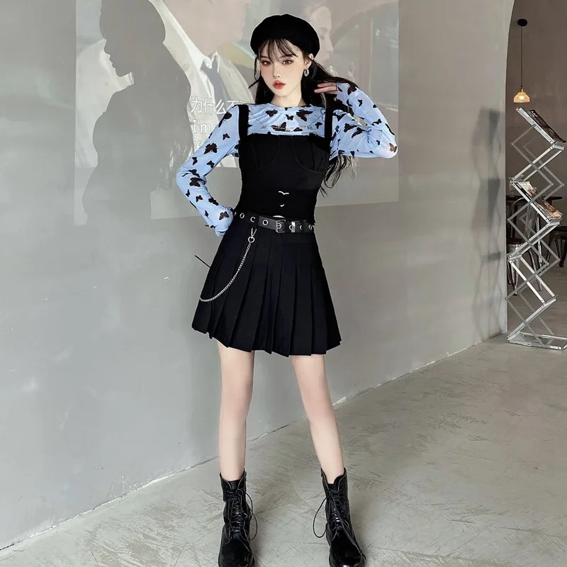 

Butterfly Print Mesh Blouse and Black Camisole Sexy 2 Piece Set Women Spring Autumn 2020 Harajuku Thin Long Sleeve Top Cropped
