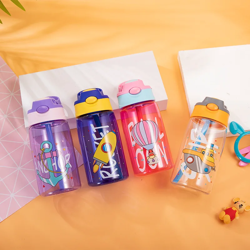 Botella de agua port&aacute;til con patr&oacute;n de dibujos animados para ni&ntilde;os, vaso de alimentaci&oacute;n con pajita para entrenamiento al aire libre, 480ML-1