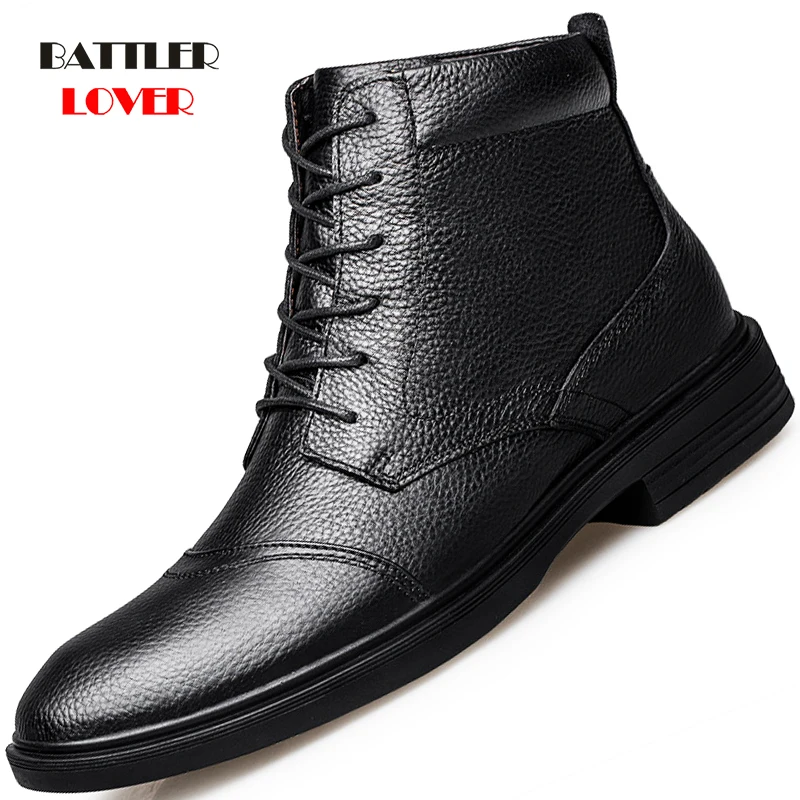

Genuine Cow Leather Business Boots For Men Warm Winter Plush Snow Shoe Ankle Comfortable Handmade Luxury Footwear Big Size 36-48