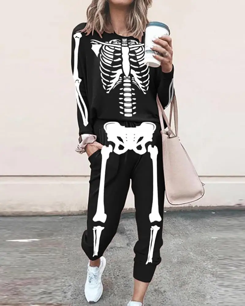

Halloween Skeleton Print Top & Pocket Design Pants Set