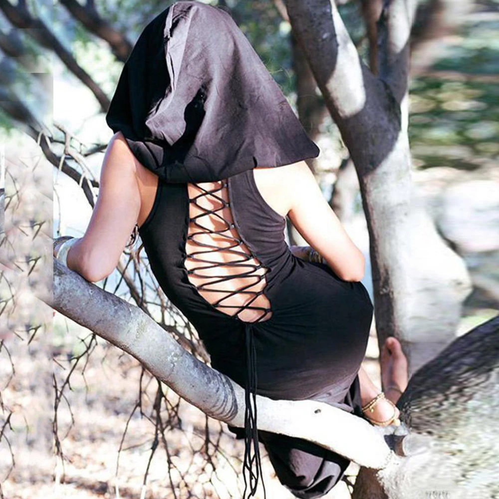 Женское платье с капюшоном без рукавов однотонное черное в готическом стиле |