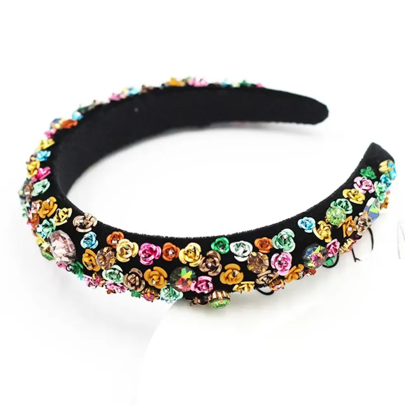 

Baroque Prom Party Sponge Headband Colorful Metal Flower Rhinestone Hair Hoop
