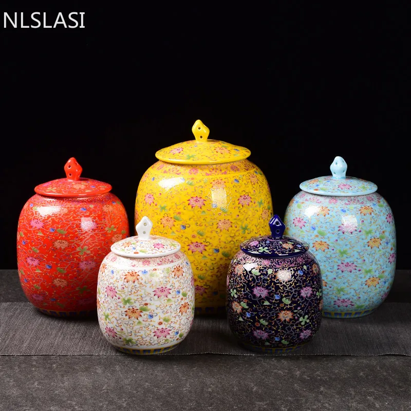 

1pc Chinese Enamel Ceramics Tea Caddy Tieguanyin Containers Spice Coffee Biscuit Storage Tank Travel Tea Box Sealed Tea Jar