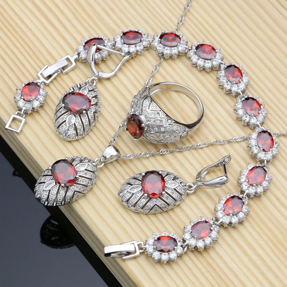 

925 Sterling Silver Jewelry Red Cubic Zirconina Jewelry Sets For Women Wedding Earrings/Pendant/Rings/Bracelet/Necklace Sets
