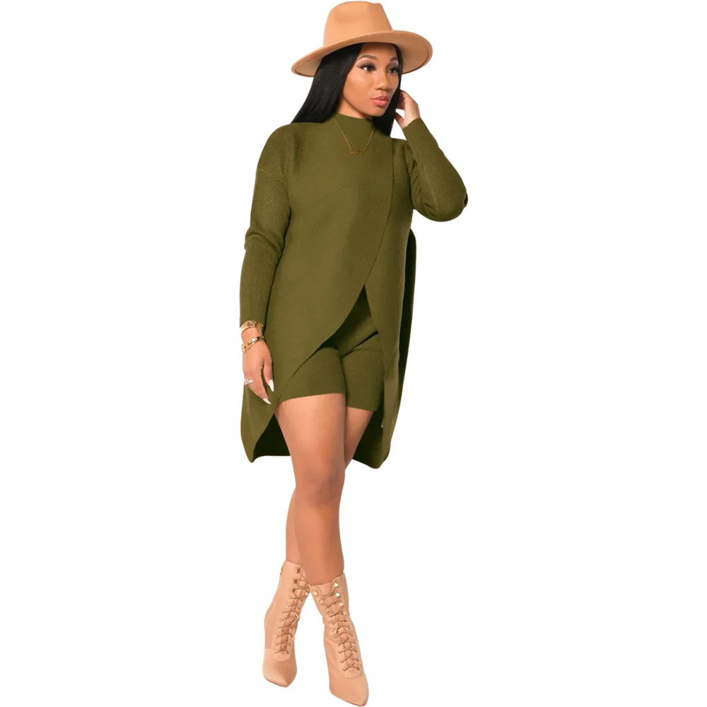 

2020 Winter Women Casual Solid Knitted Two Piece Sets Lady's Turtleneck Full Sleeve Sweater + High Waist Skinny Shorts Outfits