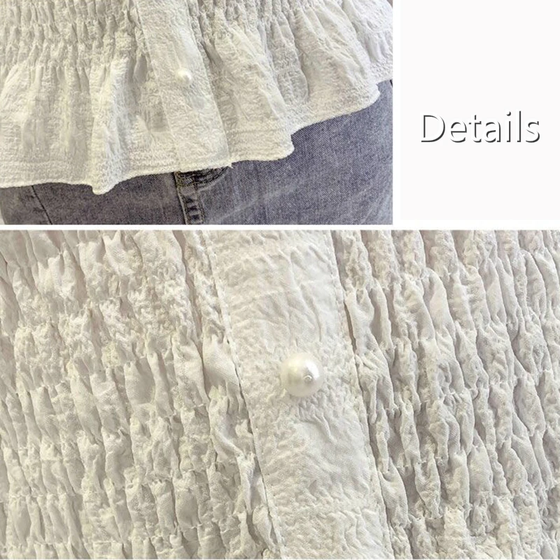 

Blouses Women Sweet Chic Crop Tops Summer Pearl Button Trendy 5 Colors Korean Preppy Girls Lovely Elastic Waist Elegant Ladies