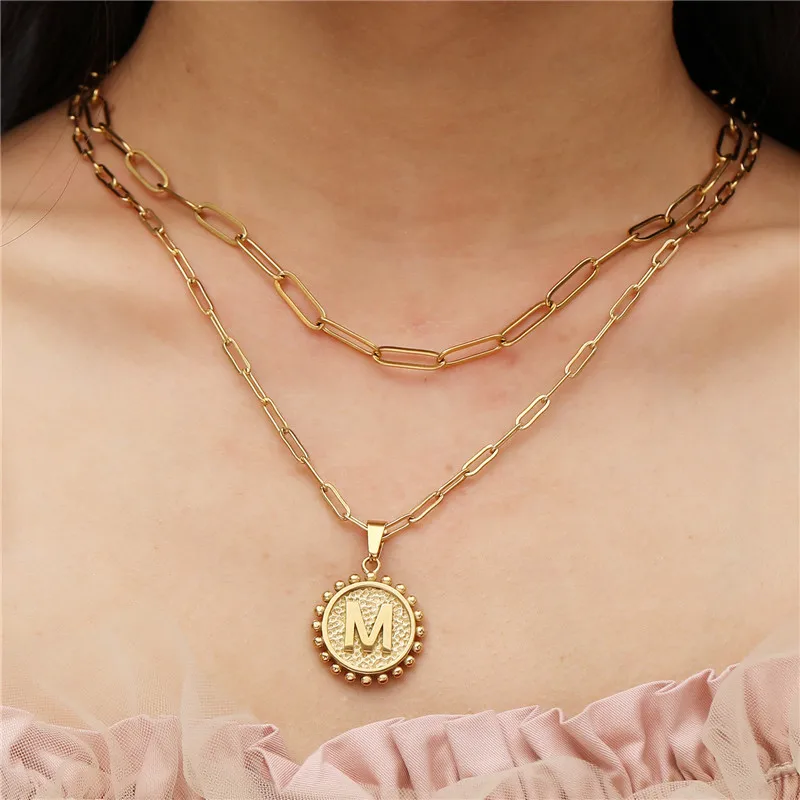 

26 Capital Initials round Pendant Necklace for Woman Man Double-layer paperclip gold chain Stainless steel jewelry choker