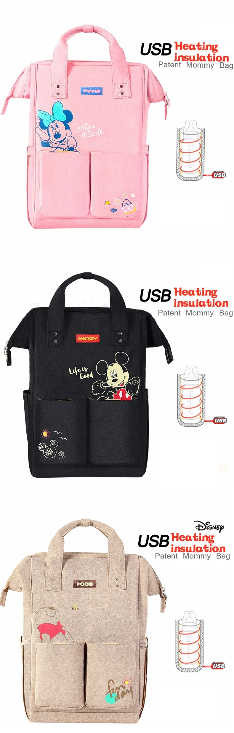 Disney USB нагреватель многофункциональный большой емкости подгузник рюкзак розовый Минни Микки Маус ребенка мать сумка для беременных