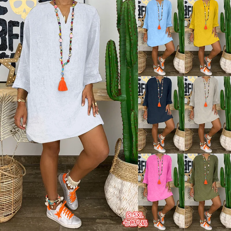 

Сезон весна-лето; Модные однотонные Цвет платье свободного кроя с длинным рукавом Нижнее платье с v-образным вырезом до колен Длина короткие...