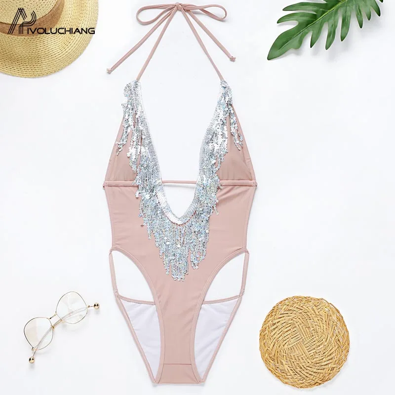 Однотонное розовое бикини привлекательный купальник с лямкой на шее купальный