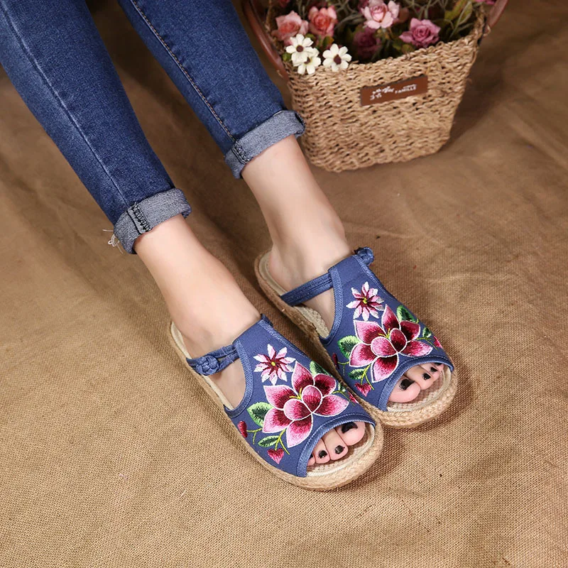 

Sandals Elastic Band Female Shoe 2021 Summer Strappy Heels Slip-on Girls Retro Comfort New Low Beige Canvas Solid TPR Embroider