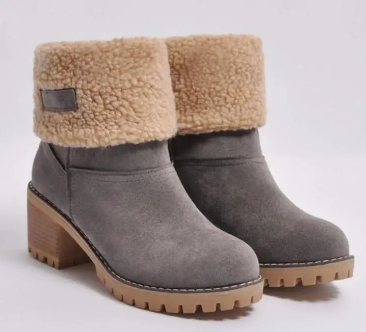 gray Женские зимние ботинки на высоком квадратном каблуке; chaussure; теплая женская обувь на меху; zapatos mujer sapato; ботинки до середины икры; XZ180051 - Цвет: gray