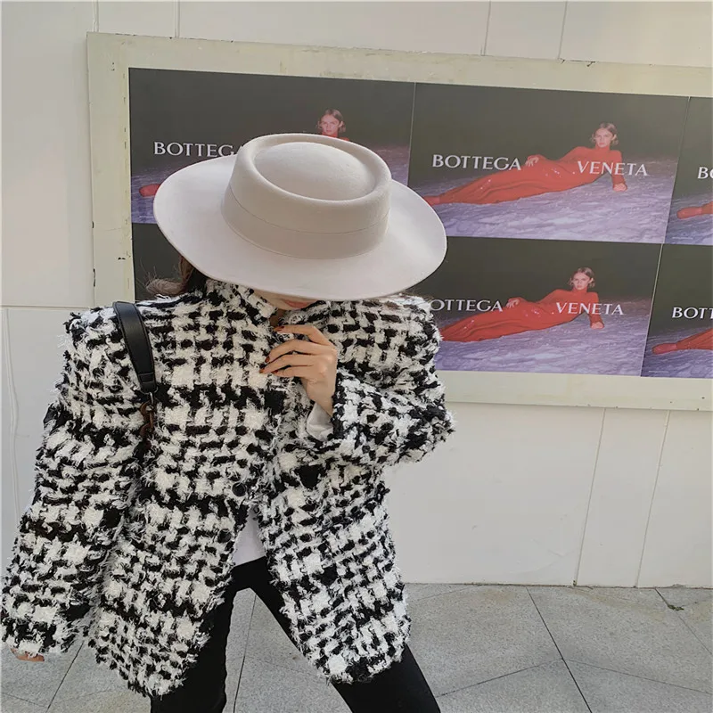 

classic hoodwooth white and black plaid simple suit elegant termeprament chic all-match jacket winter thick coat for ladies 2020