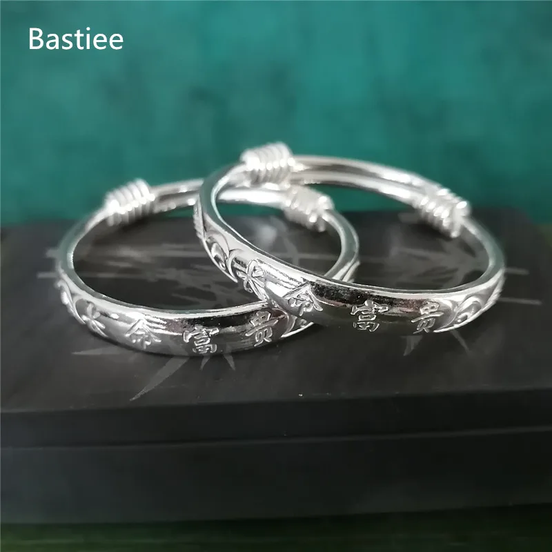 

Bastiee 999 Sterling Silver Baby Bangle Bracelet For Kids Hmong Handmade Luxury Jewelry Birth Gift Adjustable Chang Ming Fu Gui