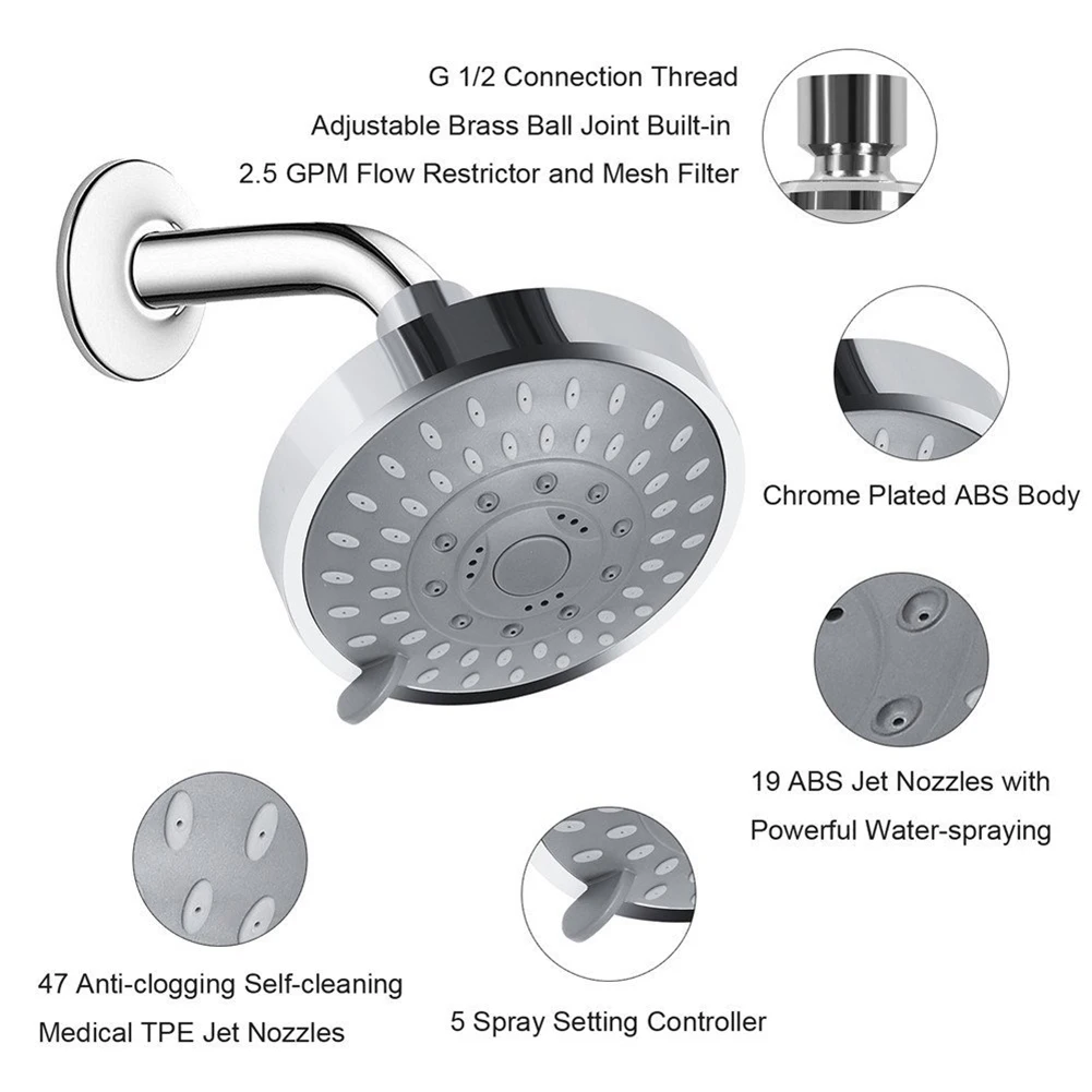

5 Modes ABS Plastic Bathroom Shower Head Big Panel Round Chrome Rain Head Water Saver Classic Design High-pressure Water-Saving