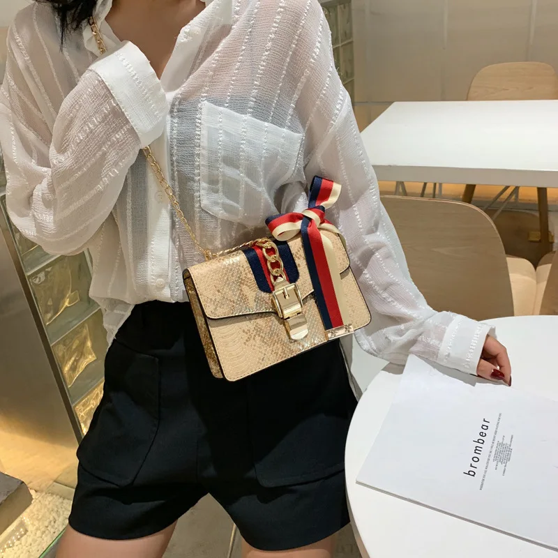 

2019 Leather Handbag Fashion Serpent Messenger Crossbody Temperament Female Casual Simple Wild Chain Shoulder Slung Square Bag