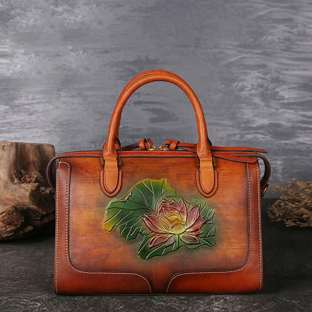 

Genuine Leather Handbags Women Bag Vintage Floral Embossed Luxury Designer Handbag 2021 Trend Fashion Woman Tote Bags Brown