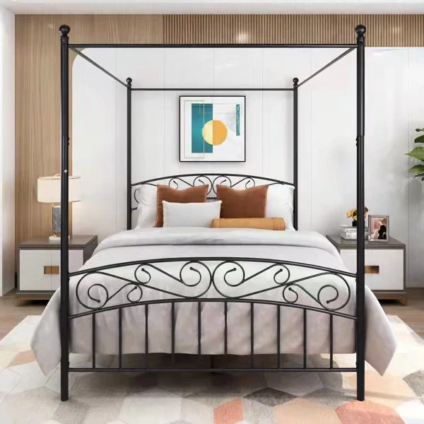 

[USA READY STOCK]4-Post Metal Canopy Bed Frame Queen Size Vintage style