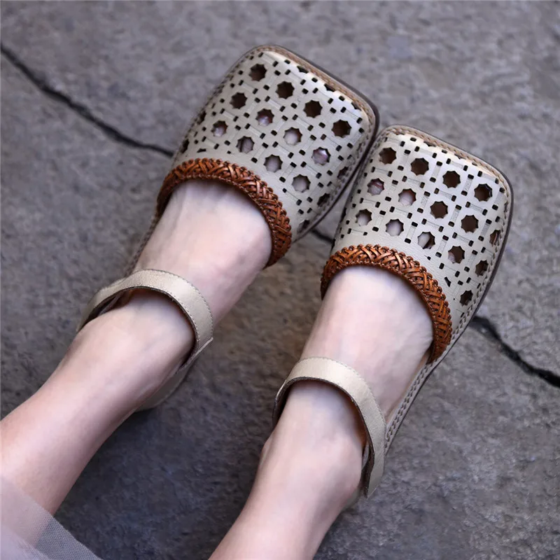 

Artmu Original Fashion Women Sandals Square Toe Shoes Low Heel Hollow-out Spring Summer Genuine Leather Mary Jane Shoes