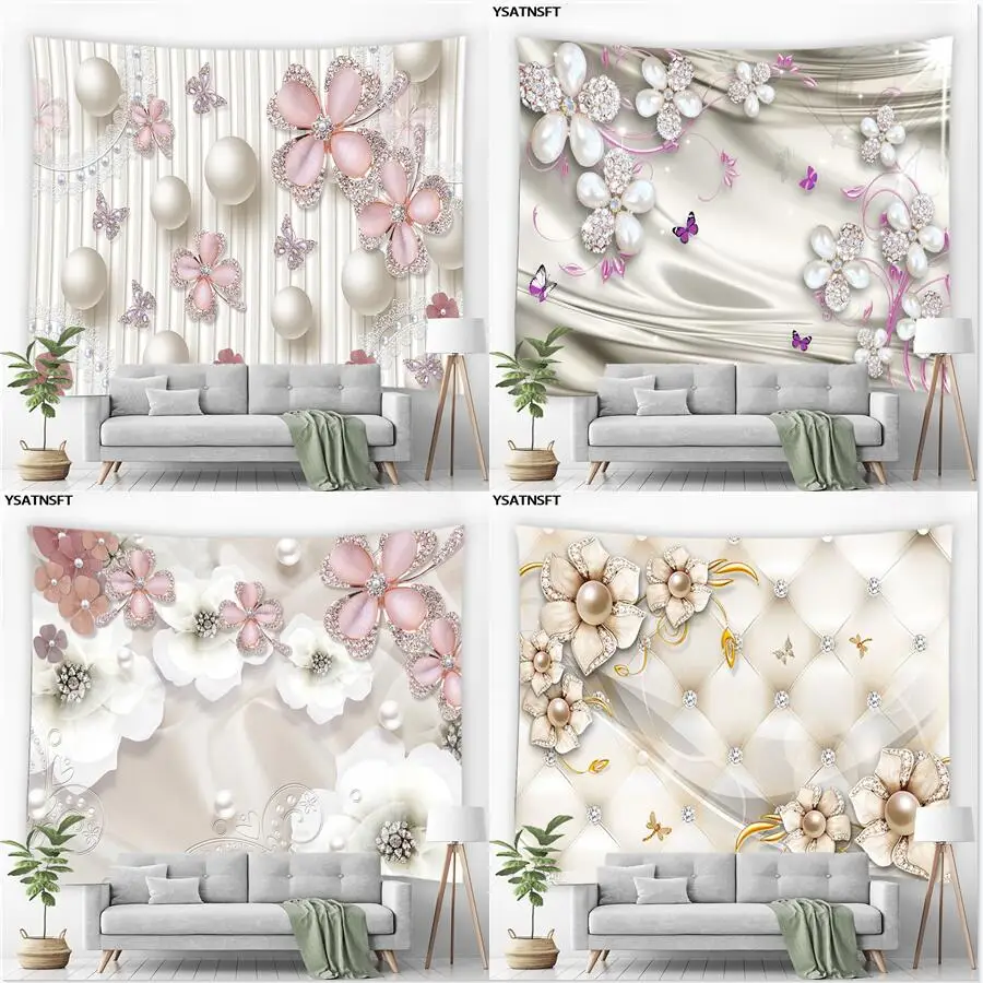 

Pearl Diamond Flower Tapestry Modern Luxury Floral Butterfly Wall Hanging Hippie Tapestry Bedroom Tapestries Carpet Home Decor