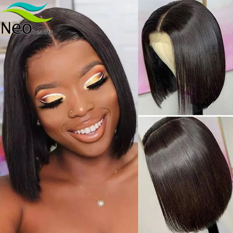 

Short Bob Human Hair Wigs for Black Women Preplucked And Bleached Knots Lace Wig Brazilian Bone Straight Hair 4*4 Closure Wig
