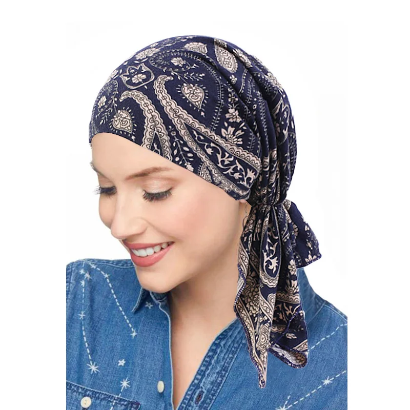 

Muslim Women Soft Stretch Turban Hat Pre-Tied Head Scarf Printed Ladiess Cotton Cancer Chemo Cap Inner Hijabs Hair Accessories