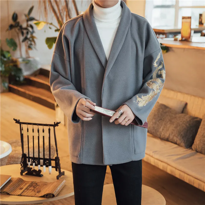 Мужская одежда 2020 японский Золотой Дракон Вышивка Тренч мужской отворот халат