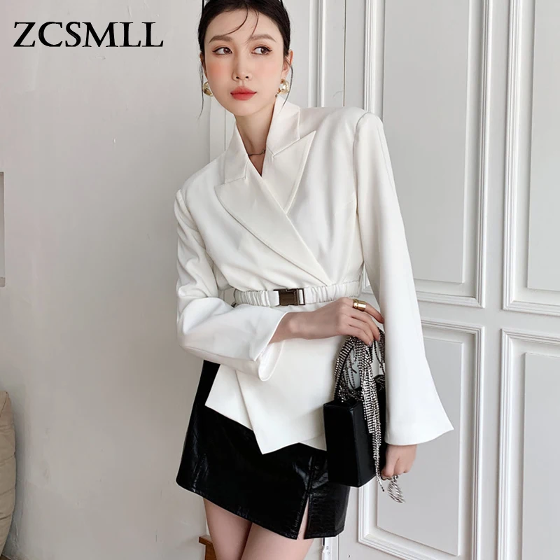 

ZCSMLL White Women Blazers Side Slit Cross Tie Belt Blazer, Handsome Slim Suit Korean Fashion 2021 Spring Summer