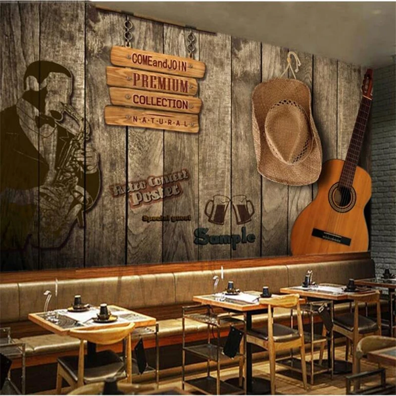 Custom wallpaper 3d bar KTV retro wooden board personality TV background wall painting living room bedroom restaurant decoration |