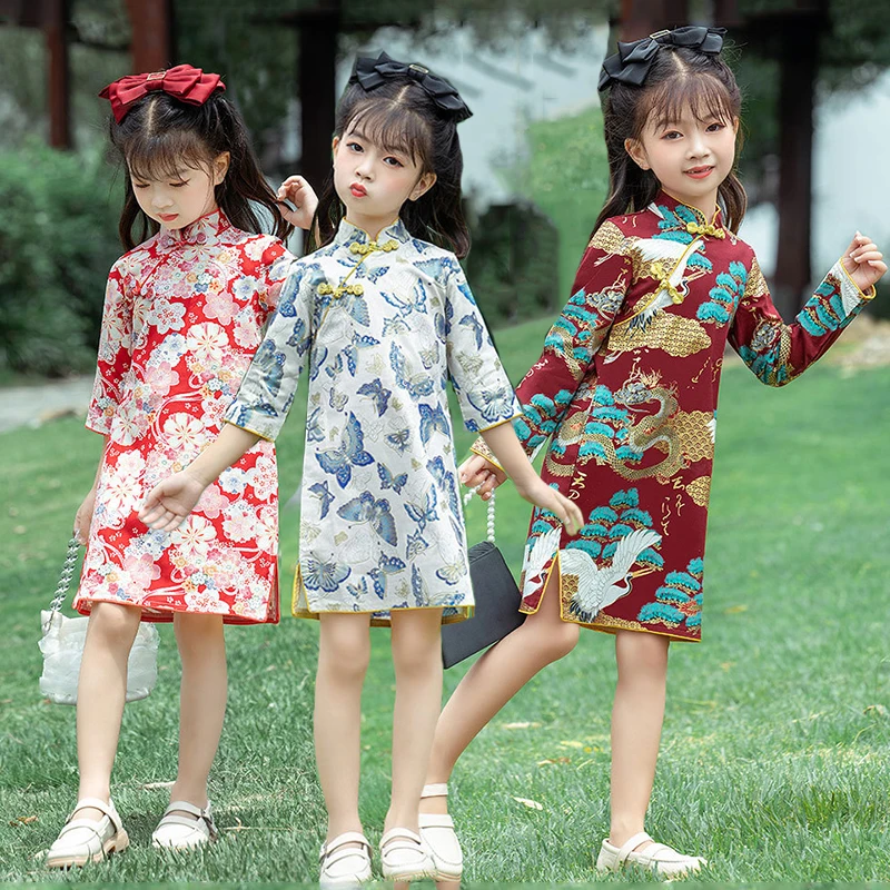 

Half Sleeves Qipao For Girls Summer Floral Mini Dress 1-10 Years Teenager Chinese Style Cheongsam Traditional Ethnic Costumes