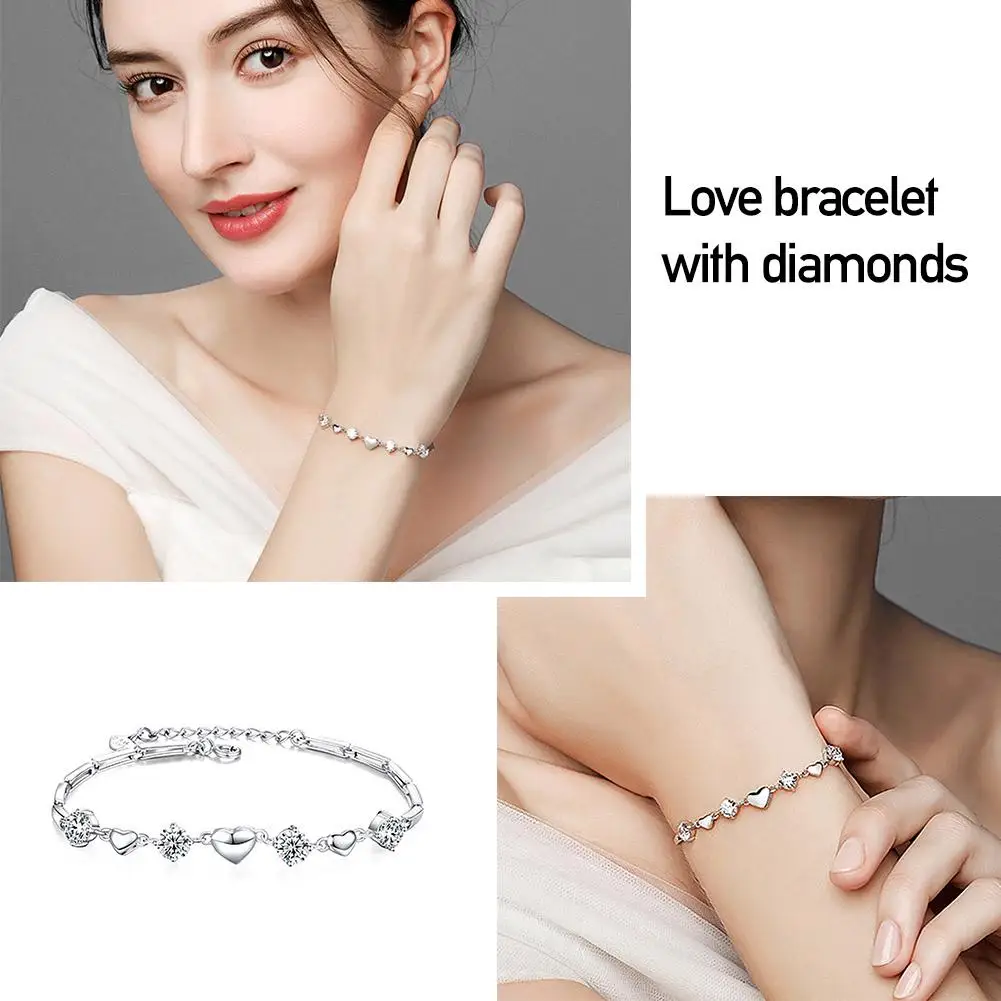 

Silver Color Fashion Bracelet Love Heart Zirconia Chain Cuff Pulseira bangle charm Gift For Women Linked Jewelry D5J2