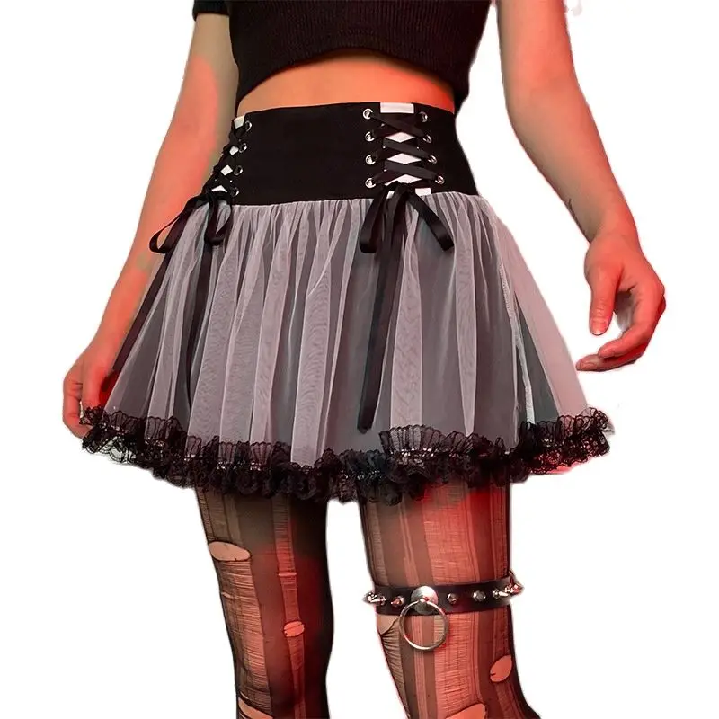 

Gothic Punk Mesh Mini Skirts E-Girl Harajuku Tied Up Lace Trim Patchwork High Waist A-Line Woman Skirts Alternative Clothing