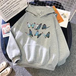 New Elegant Butterfly Hoodies Oversized Print Pocket Sweatshirts Hooded Harajuku Winter Casual Vintage Pullovers Women  Tops