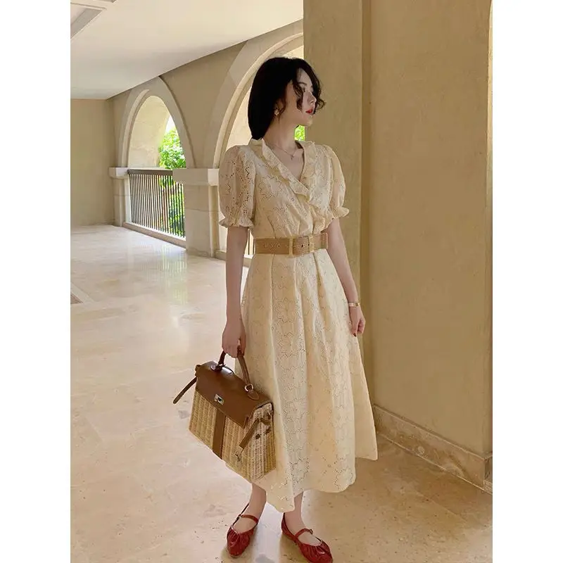 

Lace Elegant Dress Women V-neck Puff Sleeve Sweet Dress Party Evening Dress for Females Korean Office Lady Style 2021 Summer