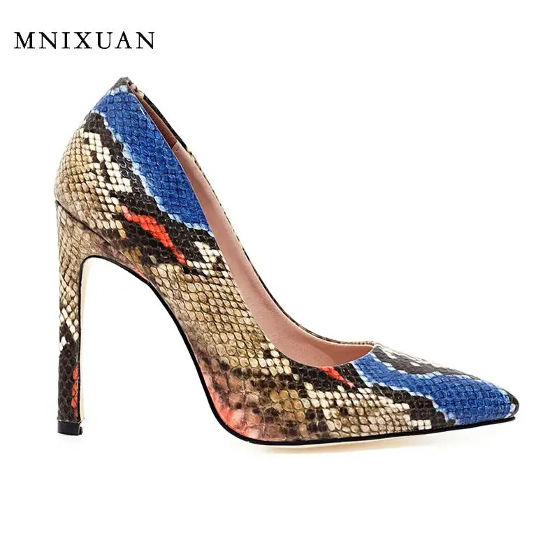 

MNIXUAN Sexy pointed toe high heels women pumps spring 2020 new snake print slip on ladies stiletto shallow shoes plus size 46