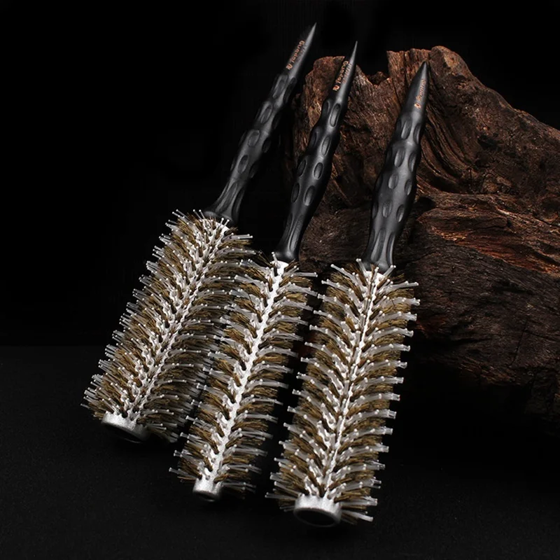 

2021 1pc Natural Boar Bristle Round Brush Groove Design Handle Hair Rolling Brush For Hair Drying Styling