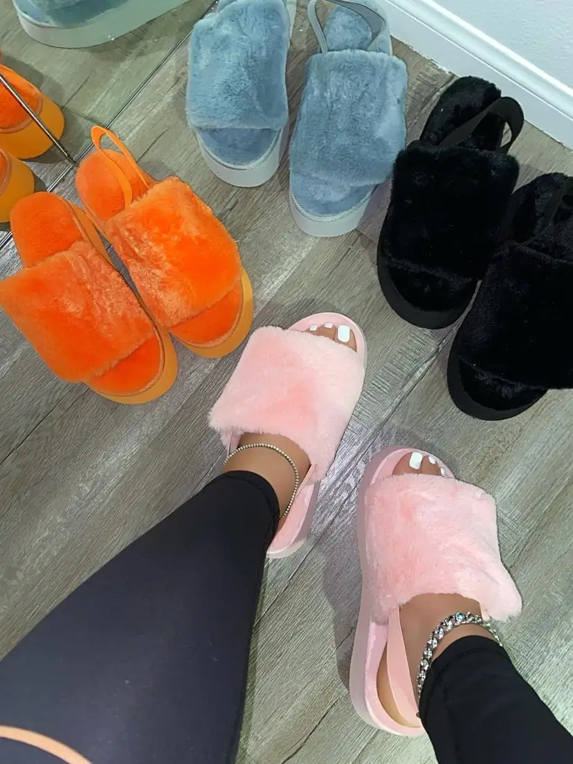 Hairy women 2021 new single layer wool home durable non-slip sandals thick-soled mid-heeled hairy shoes large size slippers | Обувь