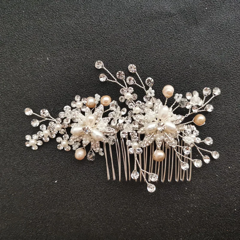 SLBRIDAL Стразы ручной работы кристалл пресноводный жемчуг цветок свадебный гребень