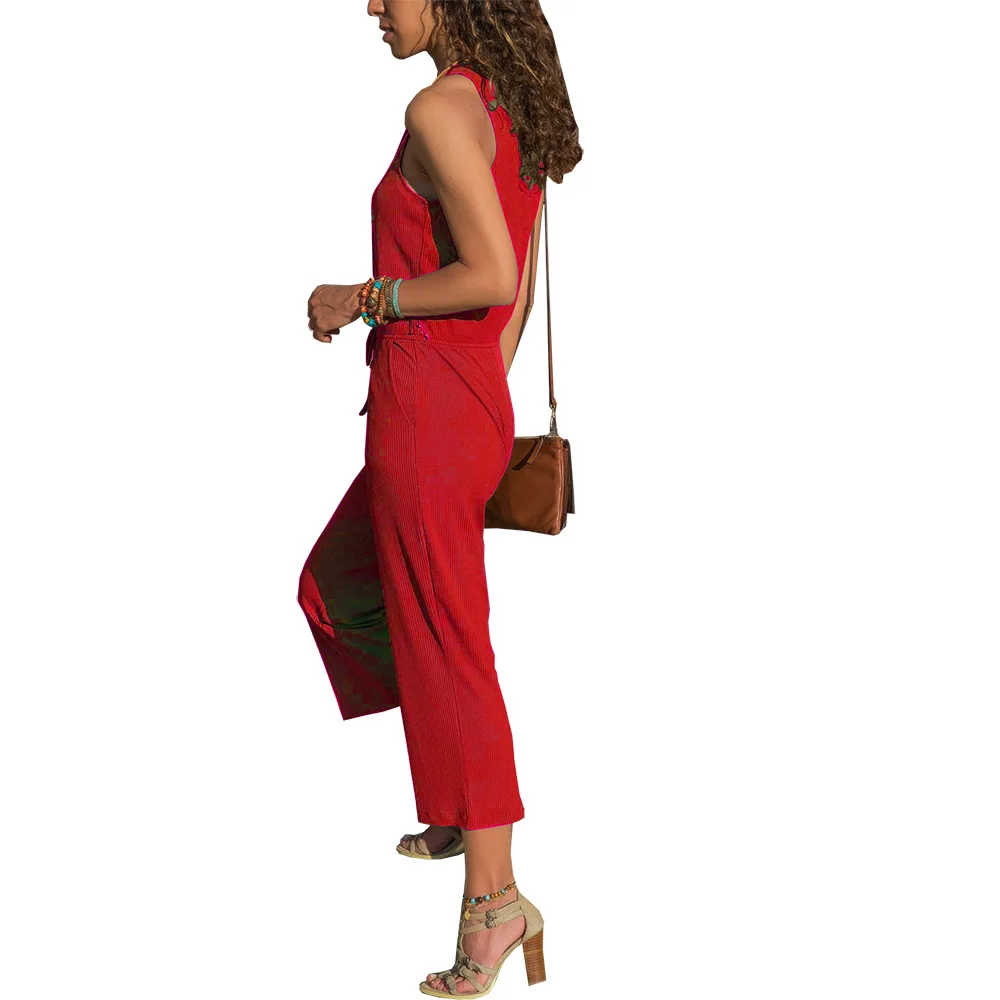 

Ladies spaghetti round neck sleeveless jumpsuit casual one-piece nine-point jumpsuit elegant solid leotard