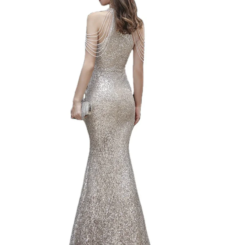

Elegant Evening Dress 2021 Summer New Fishtail Shoulder Tassel Dress Golden