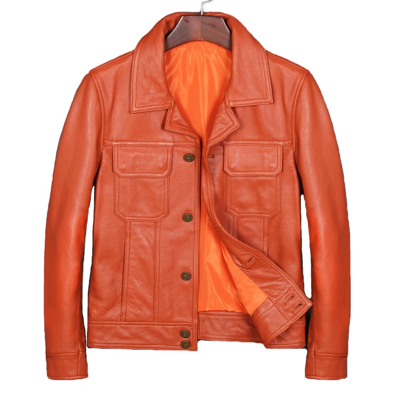

Nice Shipping Orange Color Man Genuine Leather Jackets Cow Skin Casual Genuine Leather Coat For Man