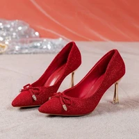 2021 new spring and autumn wedding banquet bright bow high heeled stiletto pointed toe womens single shoes