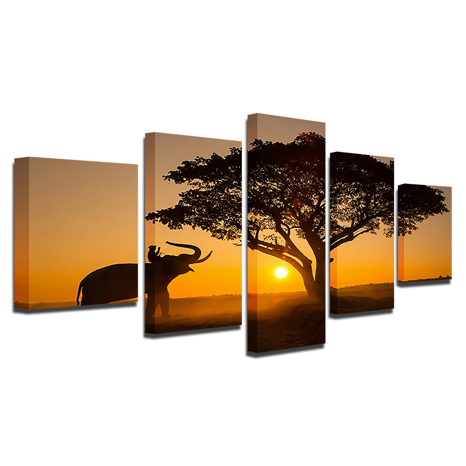 

5 Pieces Wall Art Sunset Big Tree And Elephant Canvas Paintings HD Prints Landscape Posters Living Room Decor Pictures Framework