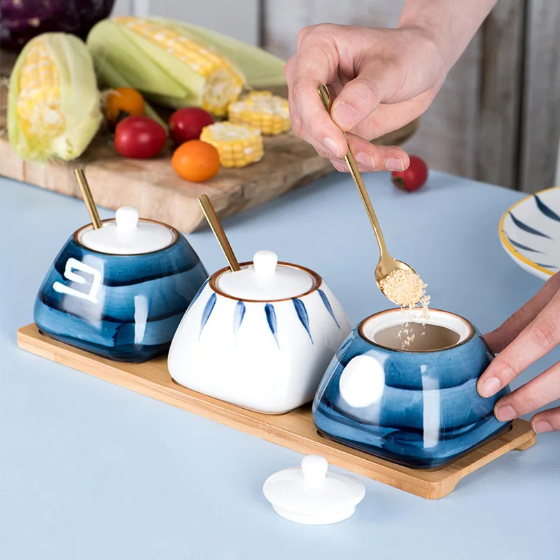 

Spice jar ceramic Japanese-style spice box household kitchen spice jar dispenser with monosodium glutamate salt seasoning tool