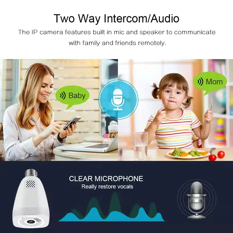 Camnsmart Wifi Smart Ip Camera HD Ptz 360 Tuya Panaramic Внутренняя беспроводная лампа E27 Цвет ночного