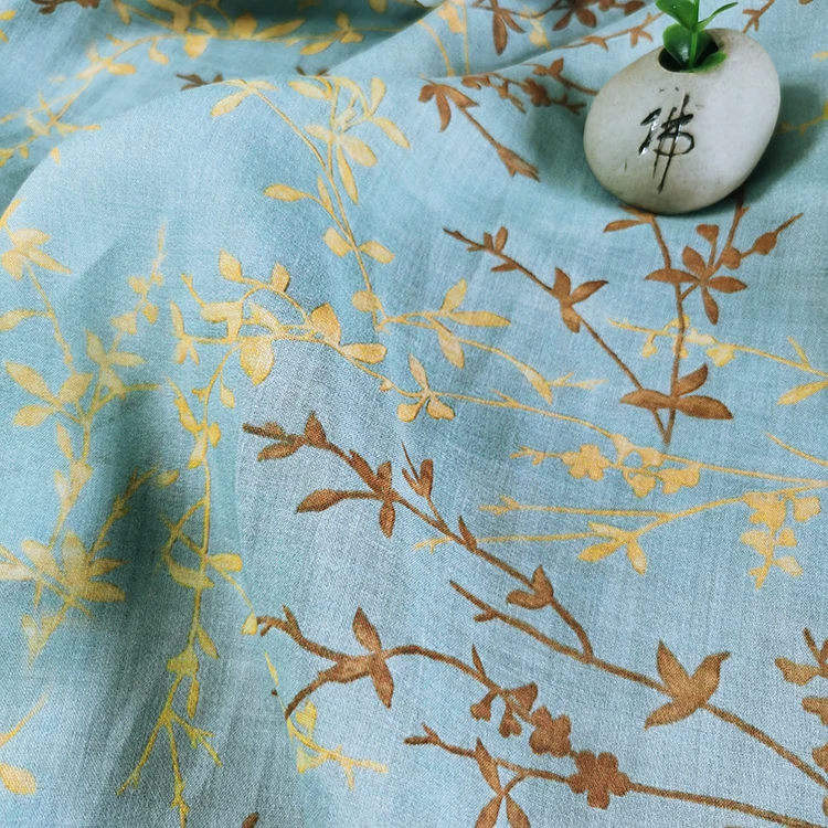 Yellow flower branch pure ramie stitching printing high-end designer fabric | Дом и сад