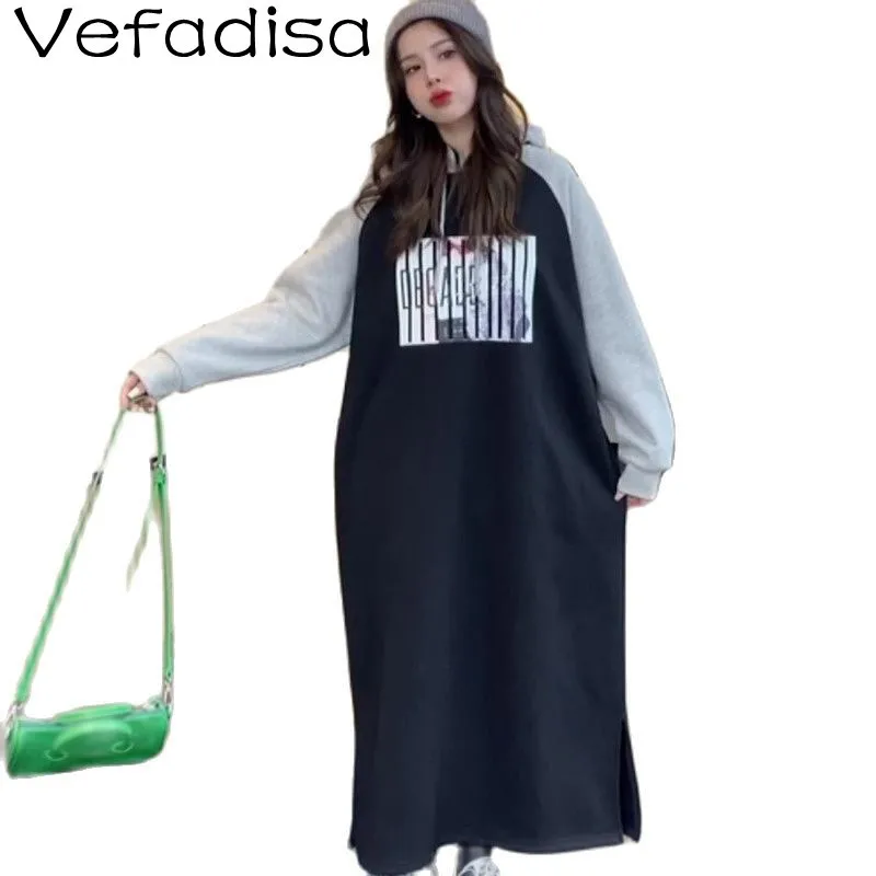 

Vefadisa Printed Contrast Hooded Sweatshirt Dress Loose Long Sweatshirt Dress 2021 Autumn New Women Clothing TT427