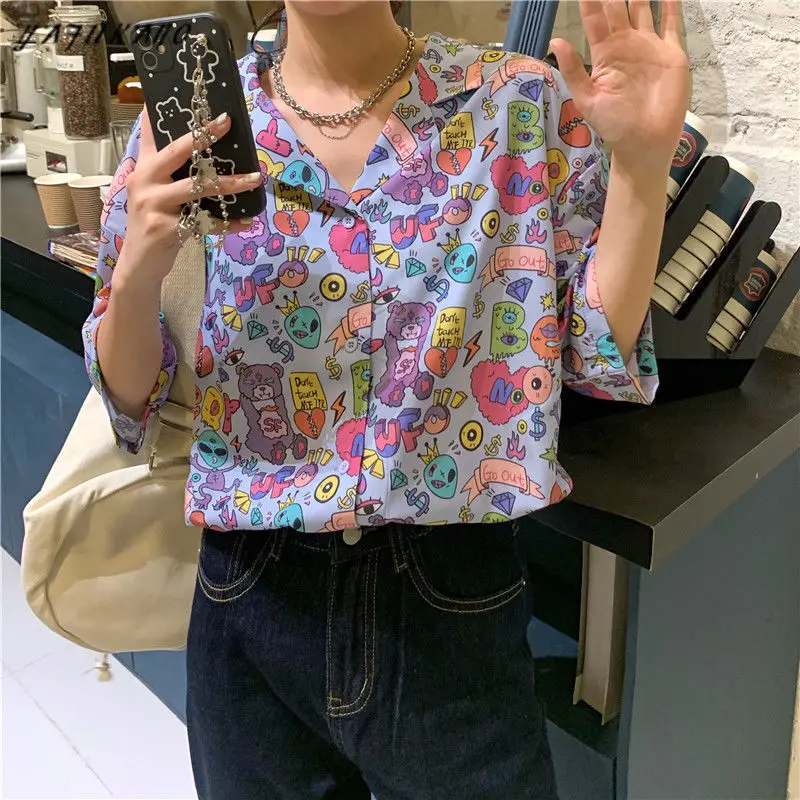 

Harajuku Print Shirt for Women Summer Fashion Streetwear Korean Style Short Sleeve Loose Casual Blouse Women