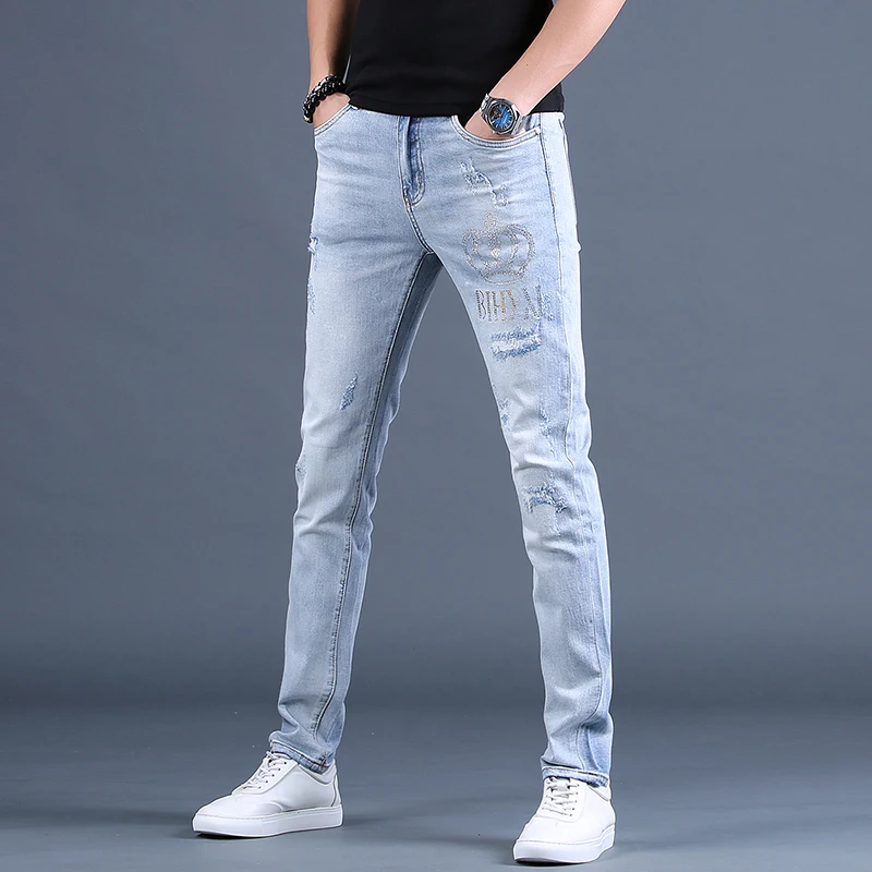 Summer Men Light Blue Ripped Jeans Fashion Rhinestones Slim Fit Pants Streetwear Casual Denim Trousers