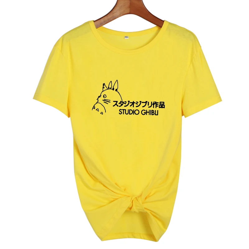 yellow-black Студия футболка Ghibli женские топы японский Harajuku мультфильм футболка Милая графическая футболка Топы Черный Белый Размер s-xxl - Цвет: yellow-black